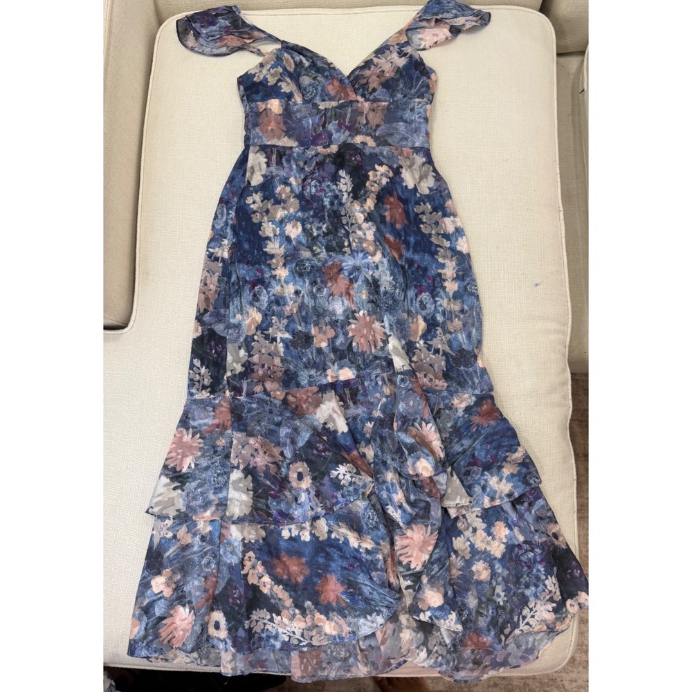 Hutch Floral Dress Womens 6 Ruffle High Low Tiered Blue Purple Excellent
